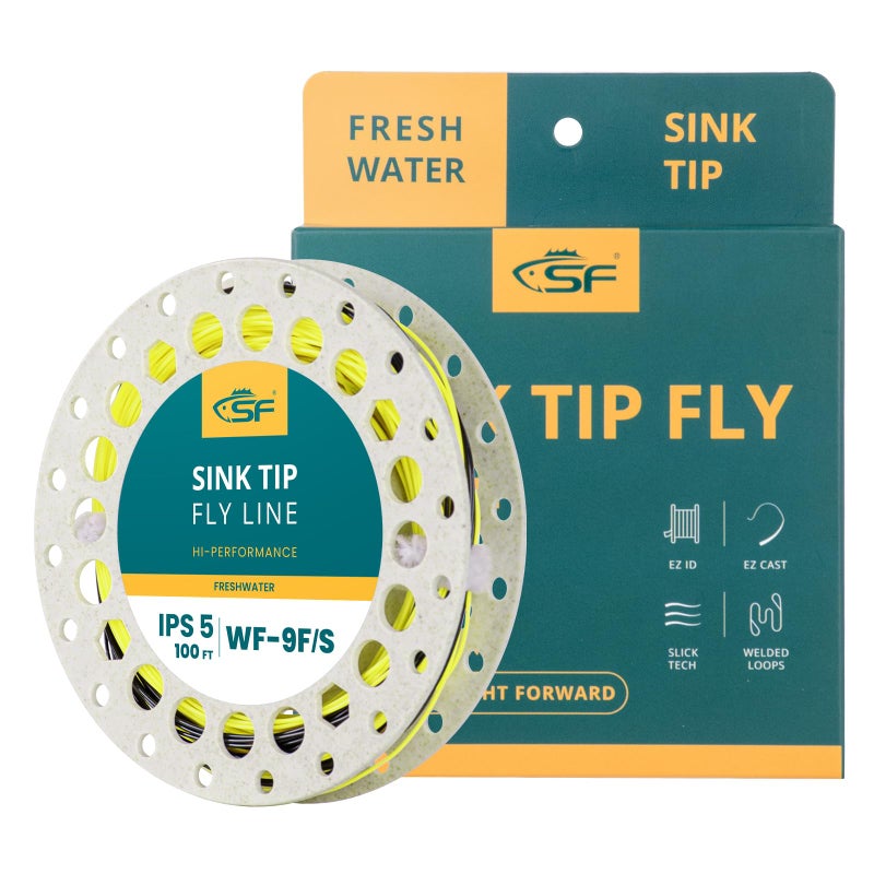 SF Hi-Viz Fly Fishing Sinking Tip Line - Weight Forward Taper Floating/Sinking for Freshwater 100FT IPS5 WF9F/S Fluorescent Yellow & Black - Image 1